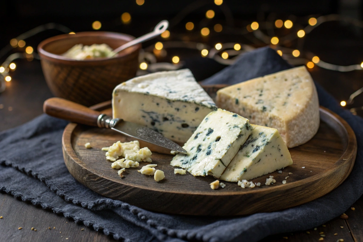 Three wedges of blue cheese and crumbled pieces are arranged on a wooden platter with a cheese knife.