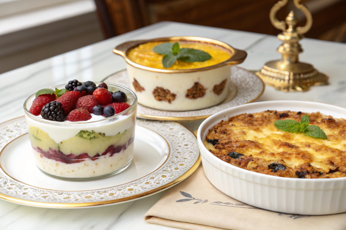 Three cottage cheese dish variations: casserole, parfait, and dip.