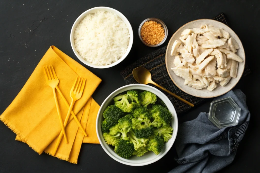 "Dark table setup featuring rice, chicken, broccoli, and cheese ingredients for a casserole, with yellow accents."

