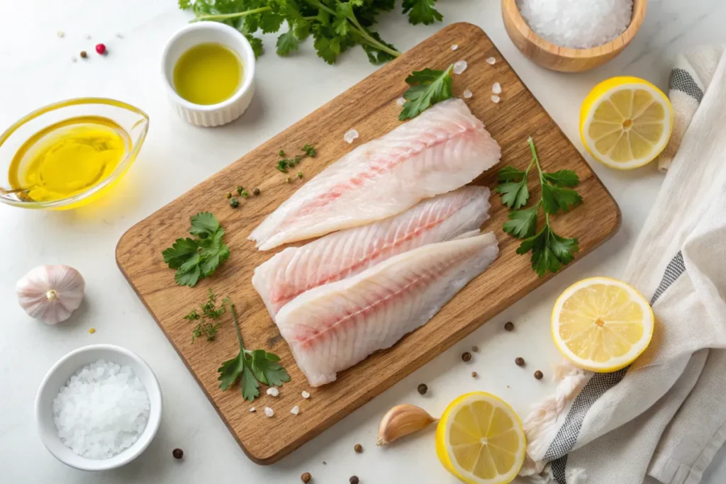 Ingredients for rockfish recipe, including raw fillets, lemon, and seasonings.