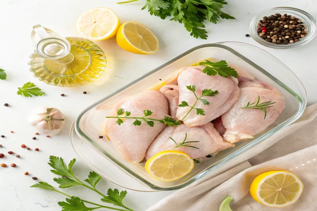 Chicken breasts marinating in olive oil, lemon juice, and garlic with fresh herbs.