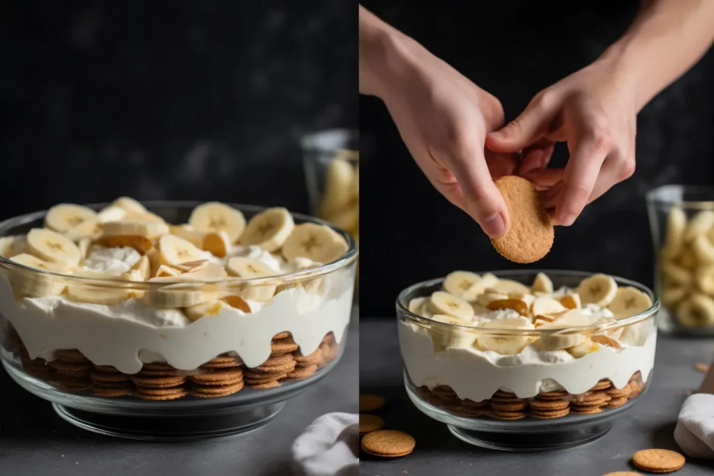 preparation of banana pudding, highlighting layers of wafers, bananas, and pudding.

