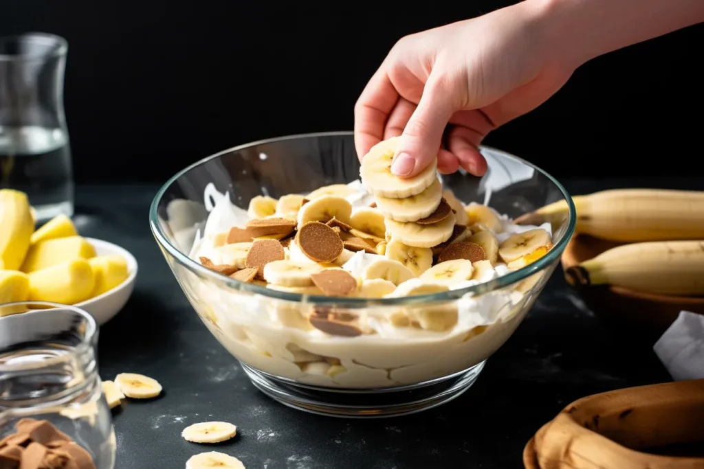 Fully assembled banana pudding in a trifle dish topped with whipped cream and banana slices.