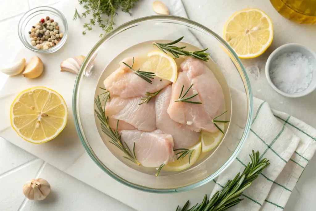 Chicken breasts marinating in olive oil, lemon juice