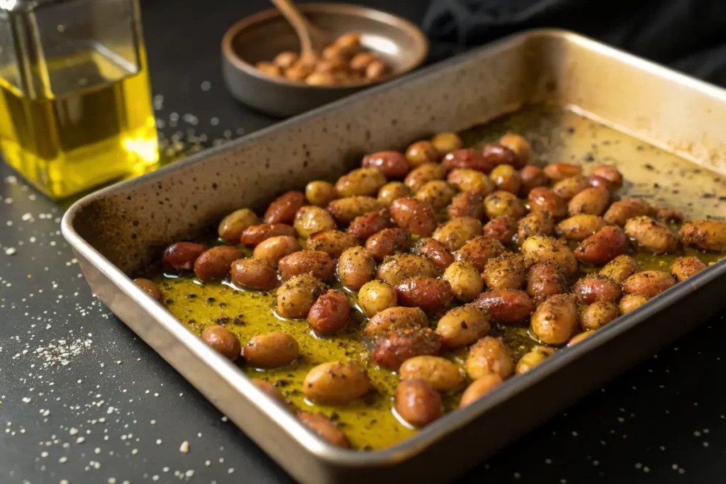 Roasted olives seasoned with herbs and spices sit in a baking pan.