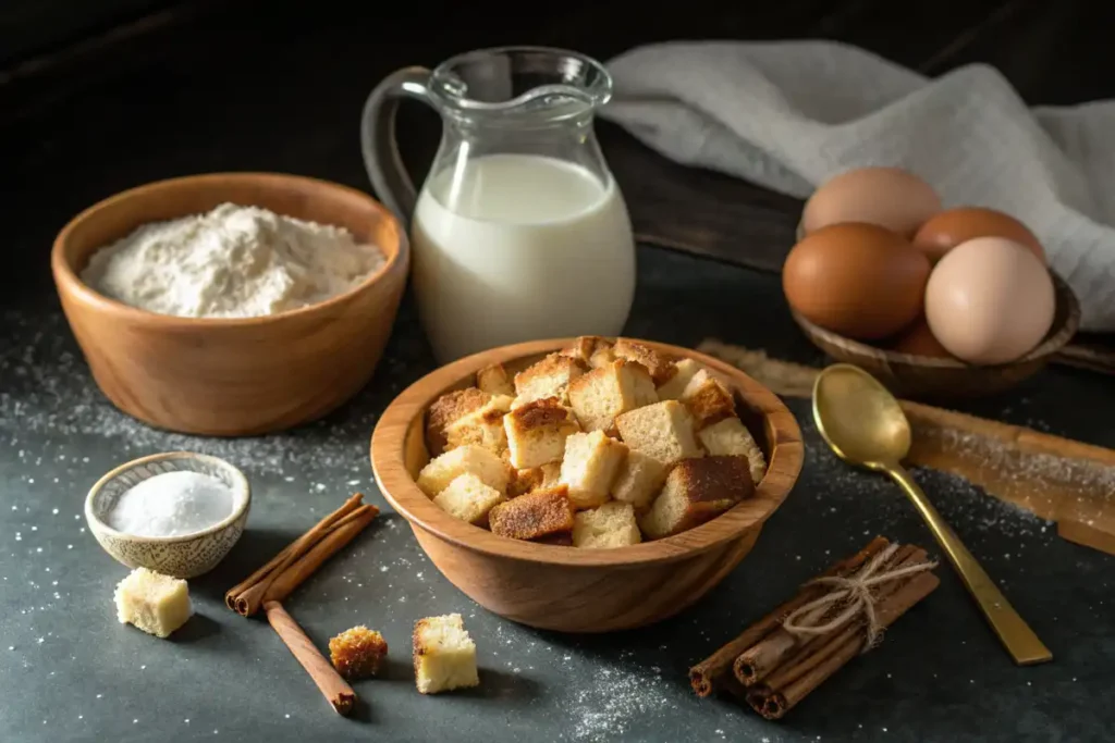 Cubed brioche, milk, and other ingredients arranged on a dark countertop.