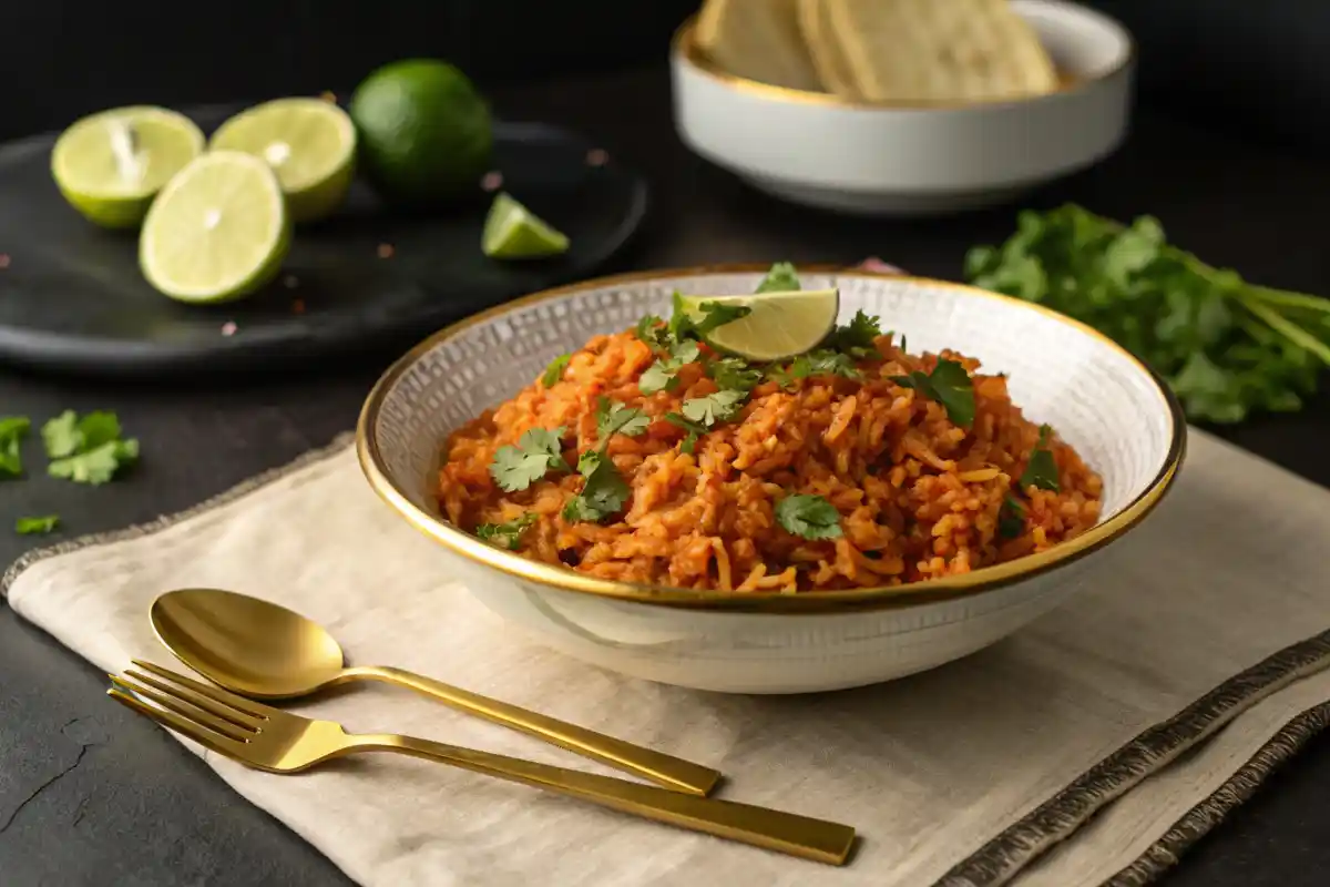 A bowl of seasoned rice topped with cilantro and a lime wedge sits on a table.