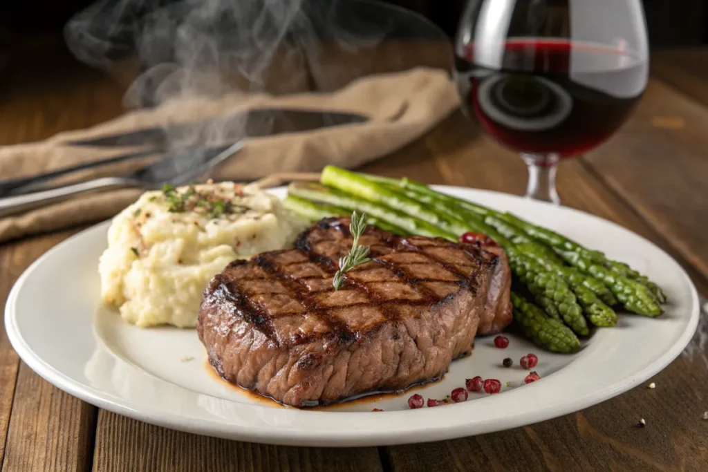 Juicy grilled steak with mashed potatoes and asparagus sits on a white plate.