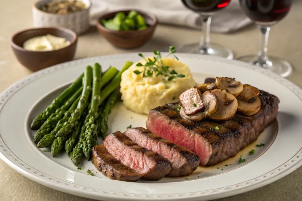 Sliced meat with mushrooms, mashed potatoes, and asparagus sits on a white plate.