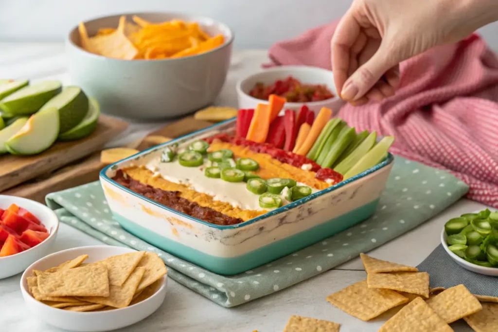  taco dip Party A layered bean dip is topped with sliced jalapeños and surrounded by colorful fresh vegetables and tortilla chips.