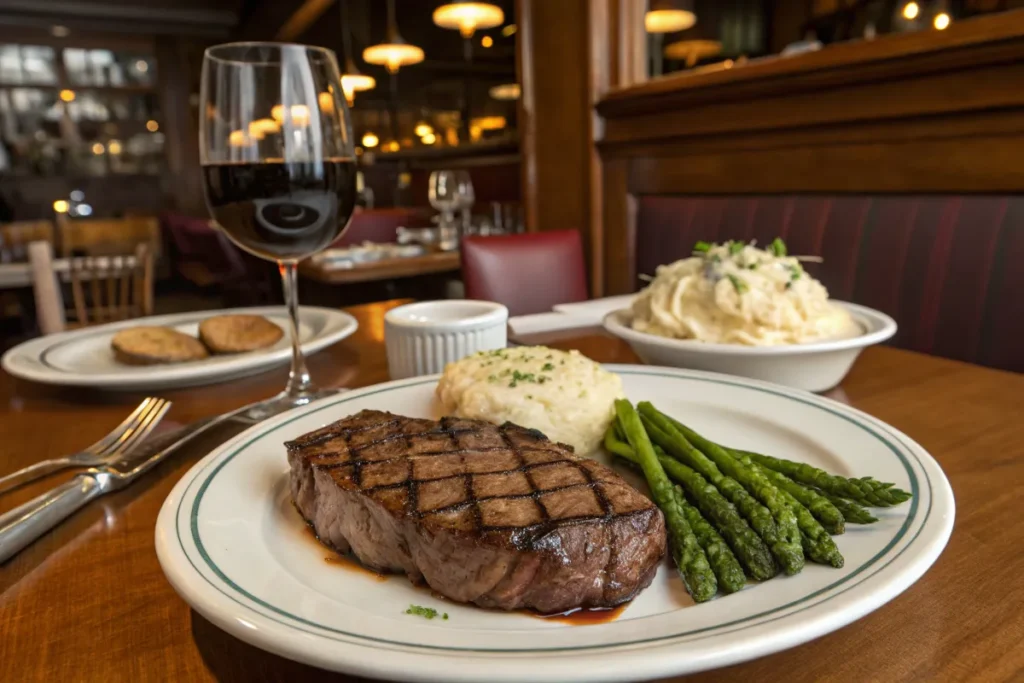 Grilled beef, mashed potatoes, and asparagus are served on a plate at a restaurant.