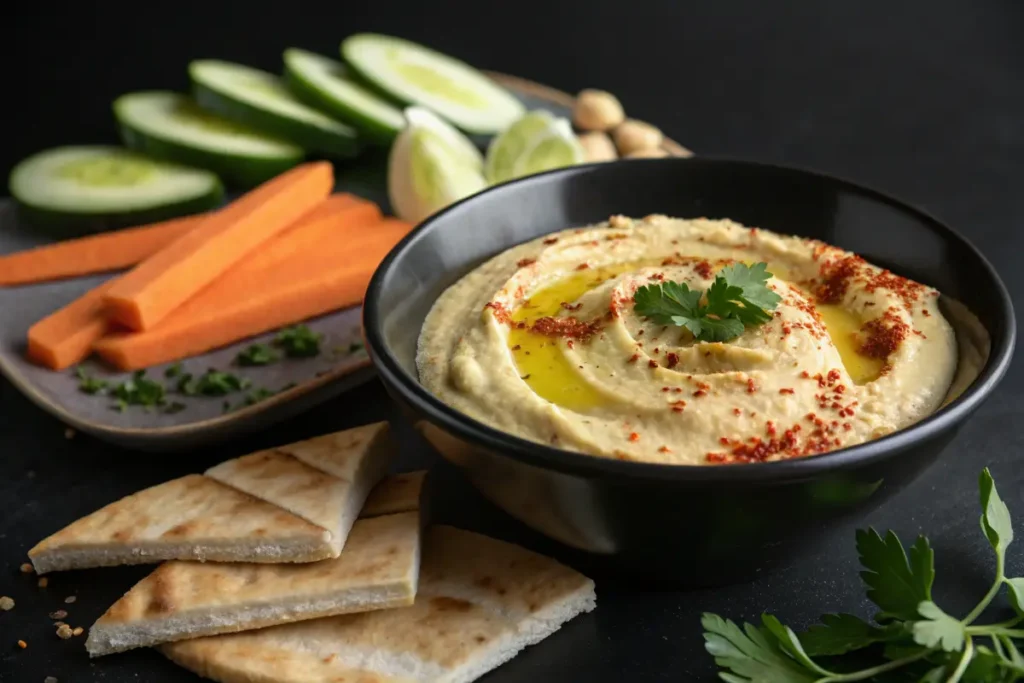 A bowl of hummus topped with olive oil, paprika, and parsley sits next to pita bread and fresh vegetables.