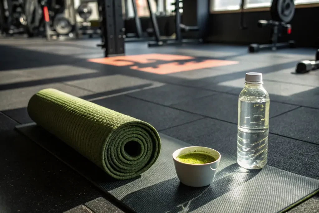 A green yoga mat, water bottle, and tea sit on a black mat in a gym.