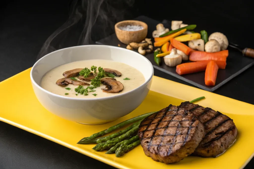 A steaming bowl of creamy mushroom soup sits next to grilled steak and asparagus on a yellow plate, with roasted vegetables on a separate plate.