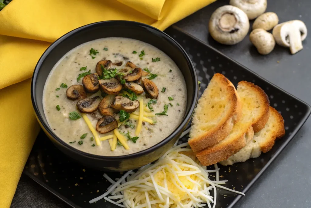 A bowl of creamy mushroom soup topped with sauteed mushrooms, parsley, and shredded cheese, served with toasted bread.