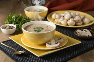 Two bowls of creamy mushroom soup are served with sliced mushrooms and fresh parsley.