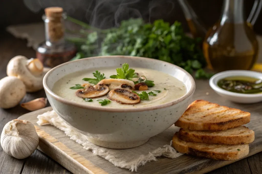 A bowl of creamy mushroom soup is garnished with sauteed mushroom slices and fresh parsley.