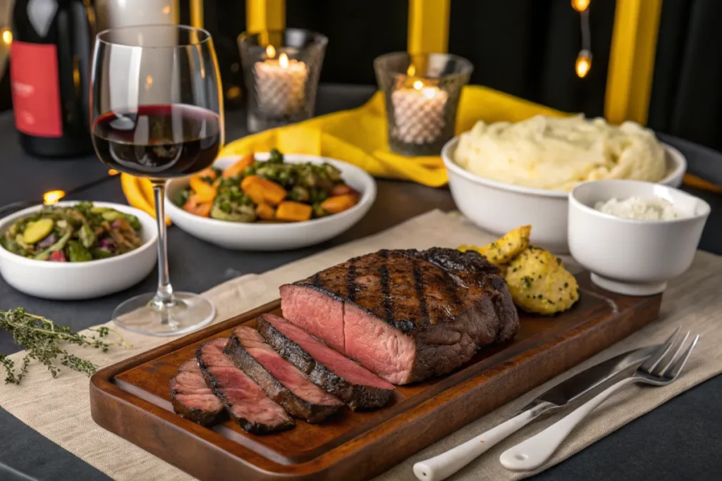 Sliced ribeye  on a wooden cutting board with side dishes and a glass of red wine.