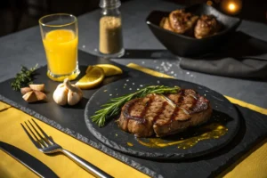 Juicy grilled steak on a black slate plate with a sprig of rosemary.