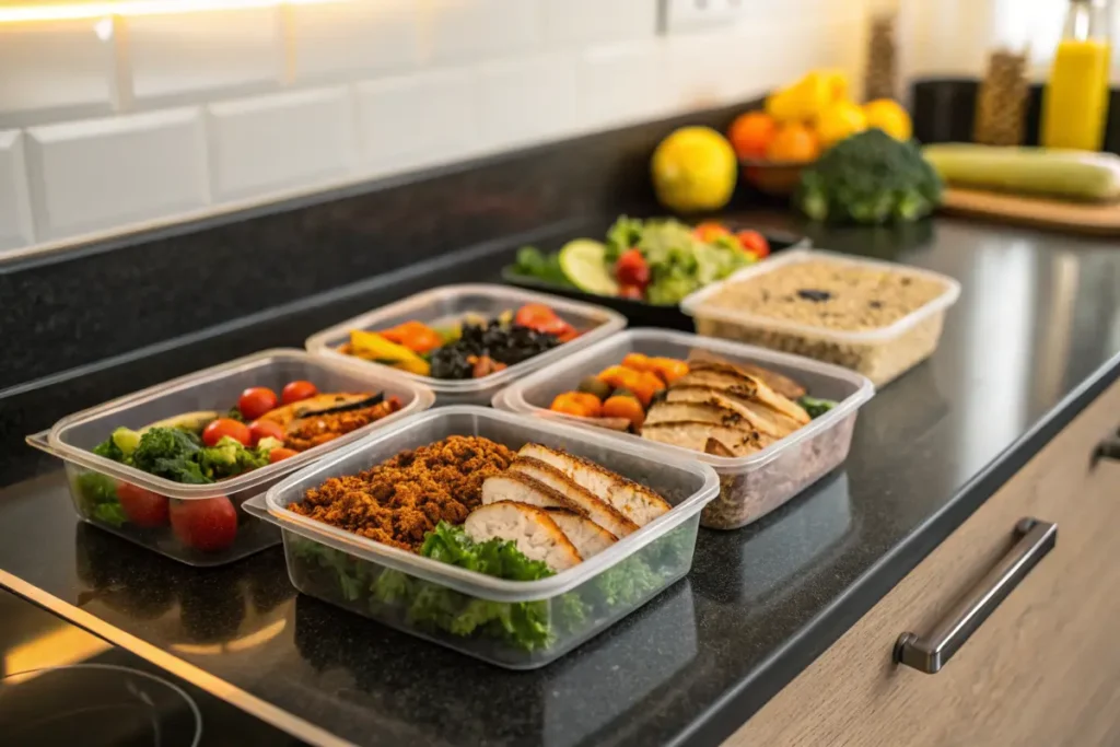 Several meal prep containers filled with healthy food sit on a kitchen counter.