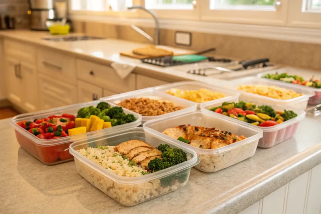 Several meal prep containers filled with various healthy foods sit on a kitchen counter.