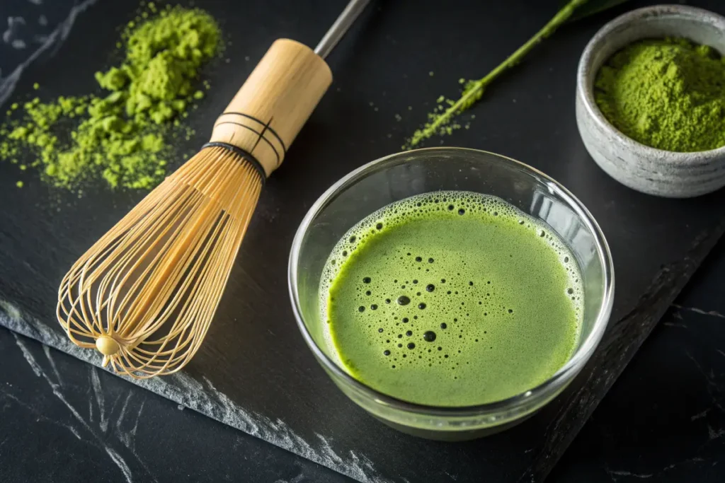 A bowl of frothy matcha tea sits on a black slate next to a bamboo whisk and loose matcha powder.