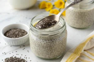 A spoon holds chia seeds over a jar of chia pudding.