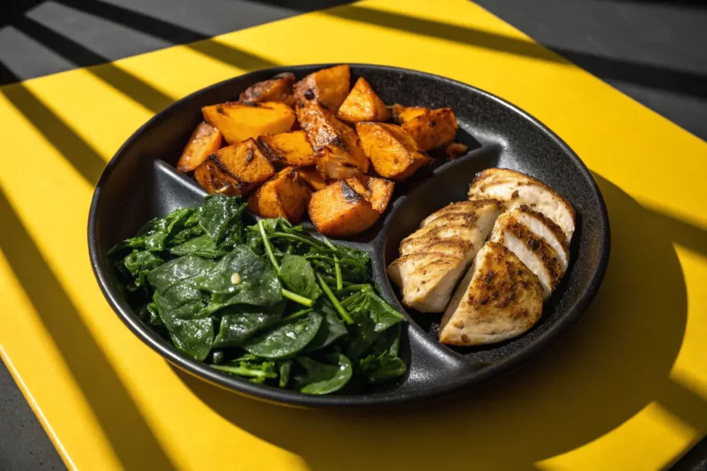 A black plate with roasted sweet potatoes, spinach, and sliced grilled chicken breast sits on a yellow surface.