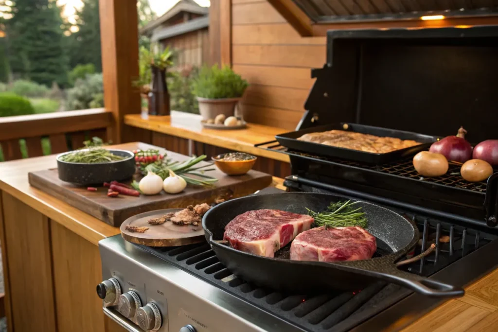 Two ribeye steaks are seared in a cast iron pan on an outdoor grill.