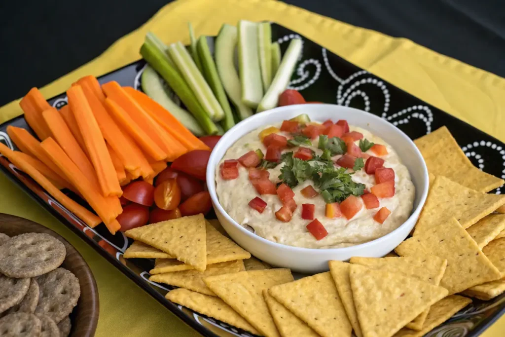 Is Taco Dip Unhealthy? : A bowl of hummus topped with chopped tomatoes and cilantro is surrounded by carrot sticks, celery sticks, cherry tomatoes, and tortilla chips.