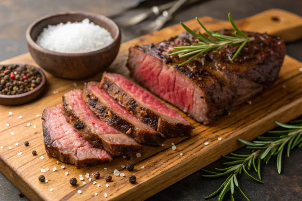 Sliced medium-rare beef on a wooden cutting board.