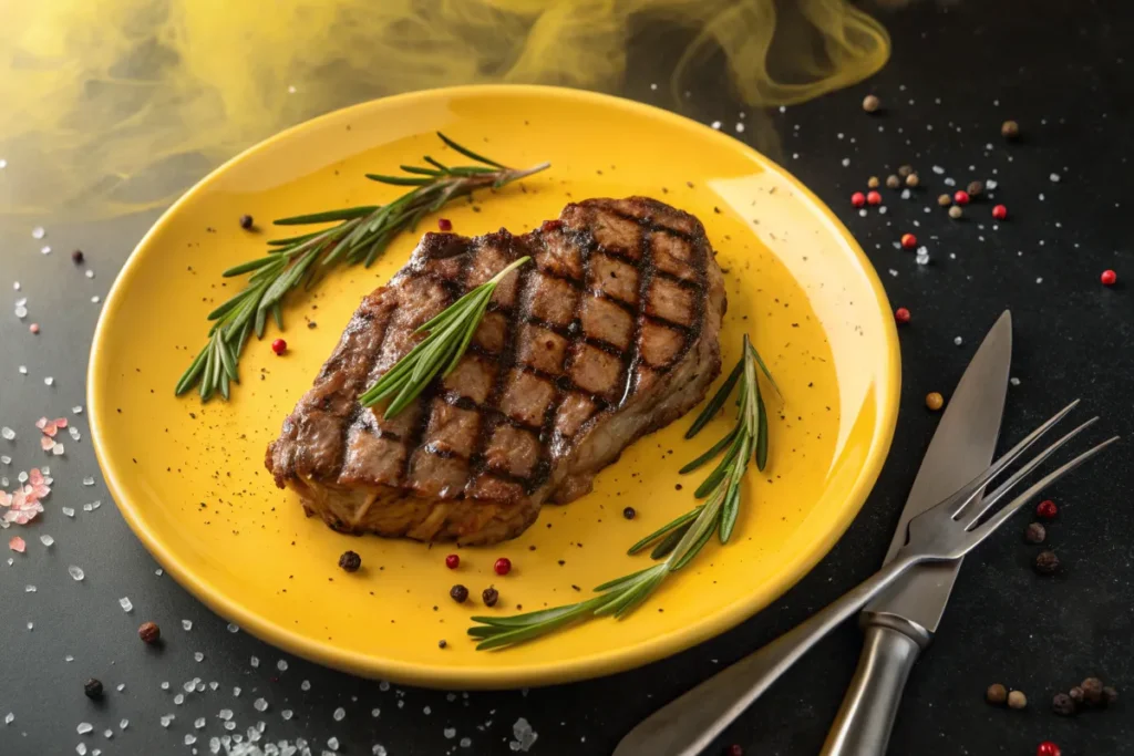 Grilled steak seasoned with rosemary sits on a yellow plate.