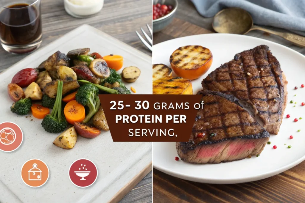 Two plates of food, one with roasted vegetables and the other with grilled steak and grilled fruit, are shown with the text "25-30 grams of protein per serving".