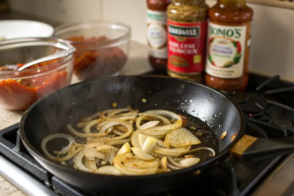 Sliced onions are sauteing in a black skillet on a stovetop.