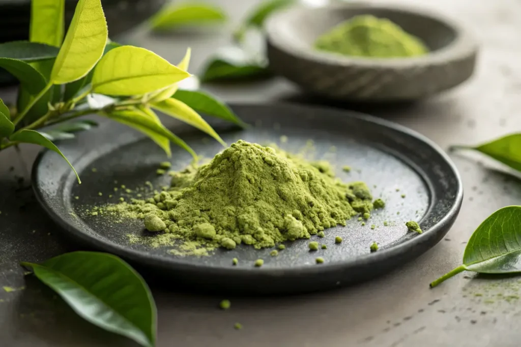 A dark plate holds a mound of vibrant green matcha powder with fresh tea leaves beside it.