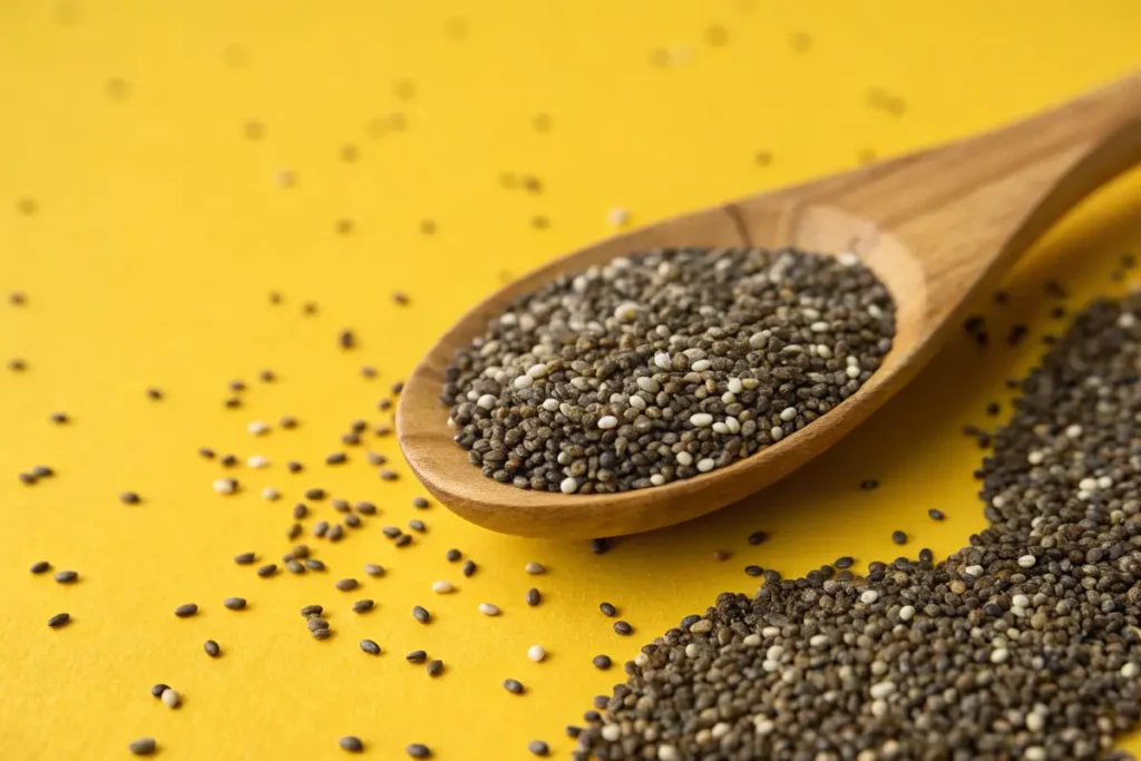 "Close-up of chia seeds scattered on a yellow background with a wooden spoon holding a portion."