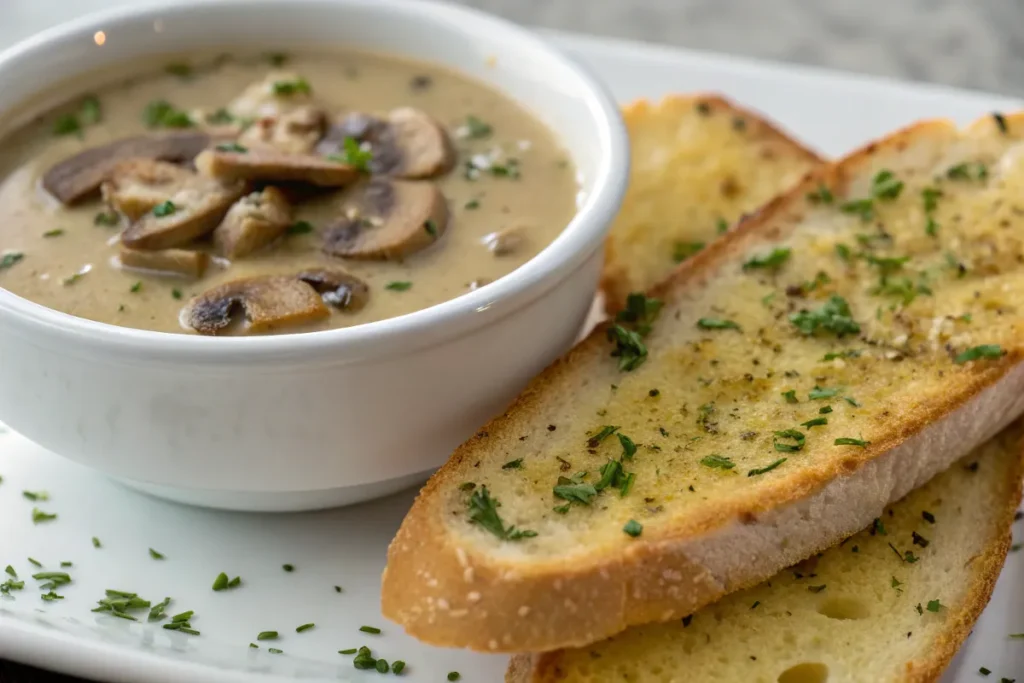 A bowl of creamy mushroom soup sits beside two slices of herbed garlic bread on a white plate.