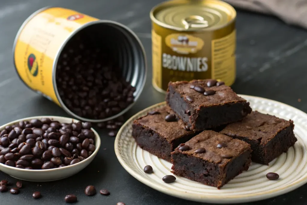 Fudgy brownies topped with coffee beans sit on a plate next to a tin of coffee and a tin labeled "brownies".