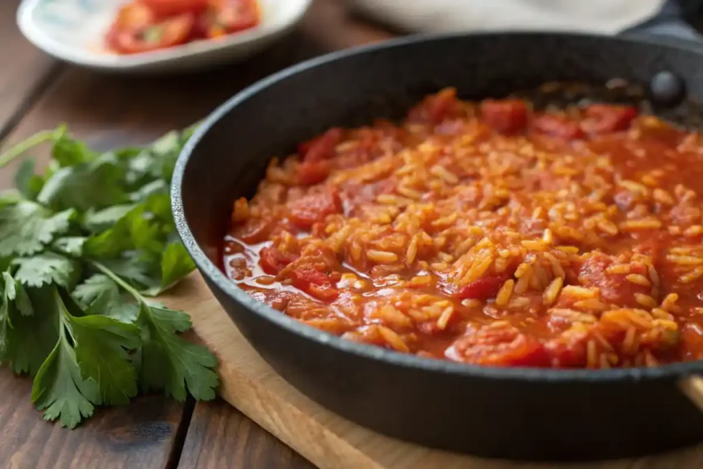 rice cooking in a skillet, rich with tomato and spices