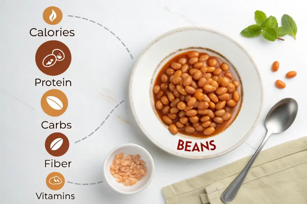 A bowl of cooked beans is shown with nutritional information about calories, protein, carbs, fiber, and vitamins.