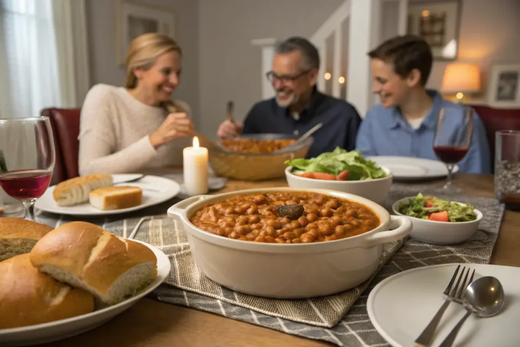 A family enjoys a meal of chickpeas, salad, and bread at a dining table.