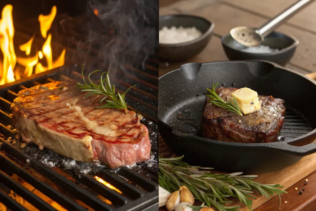 A juicy rib eye steak is shown grilling over flames and then plated in a cast iron skillet.