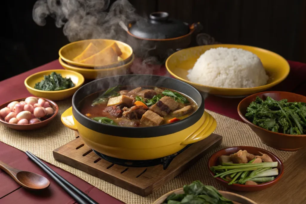 soup sinigang  bowl of stew sits on a table surrounded by side dishes and rice.