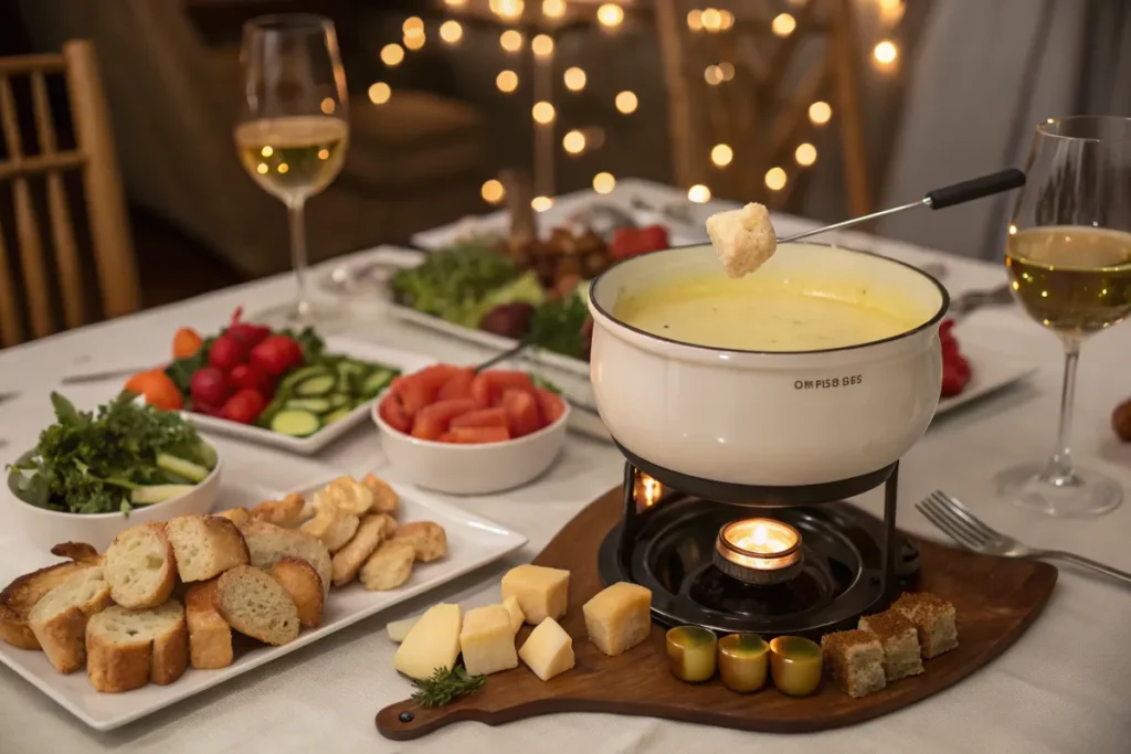 A piece of bread is dipped into a pot of cheese fondue at a festive table setting.