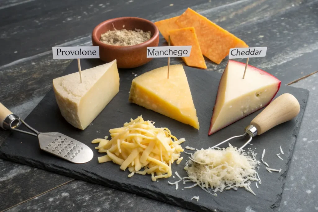 This image shows an assortment of cheeses, including provolone, 