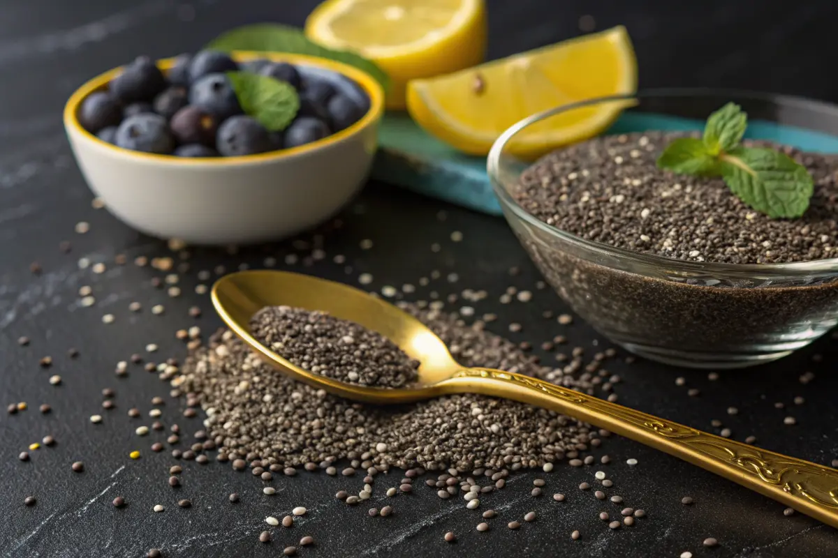 Chia seeds are displayed in a glass bowl and spoon with blueberries and lemon slices in the background.