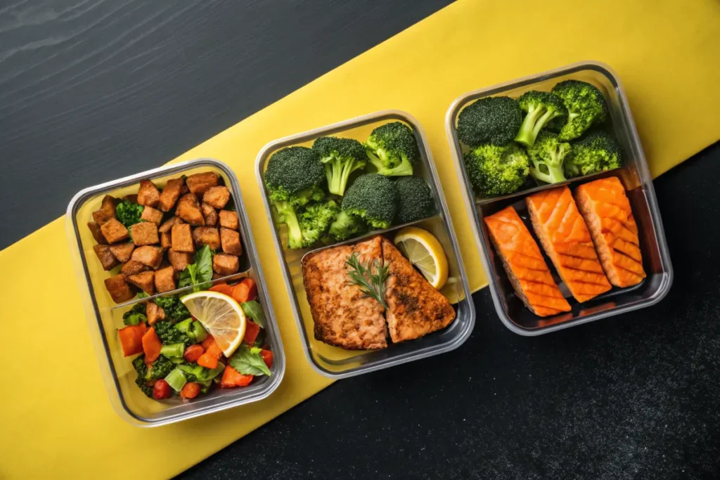 Three meal prep containers filled with healthy food sit on a yellow and black background.