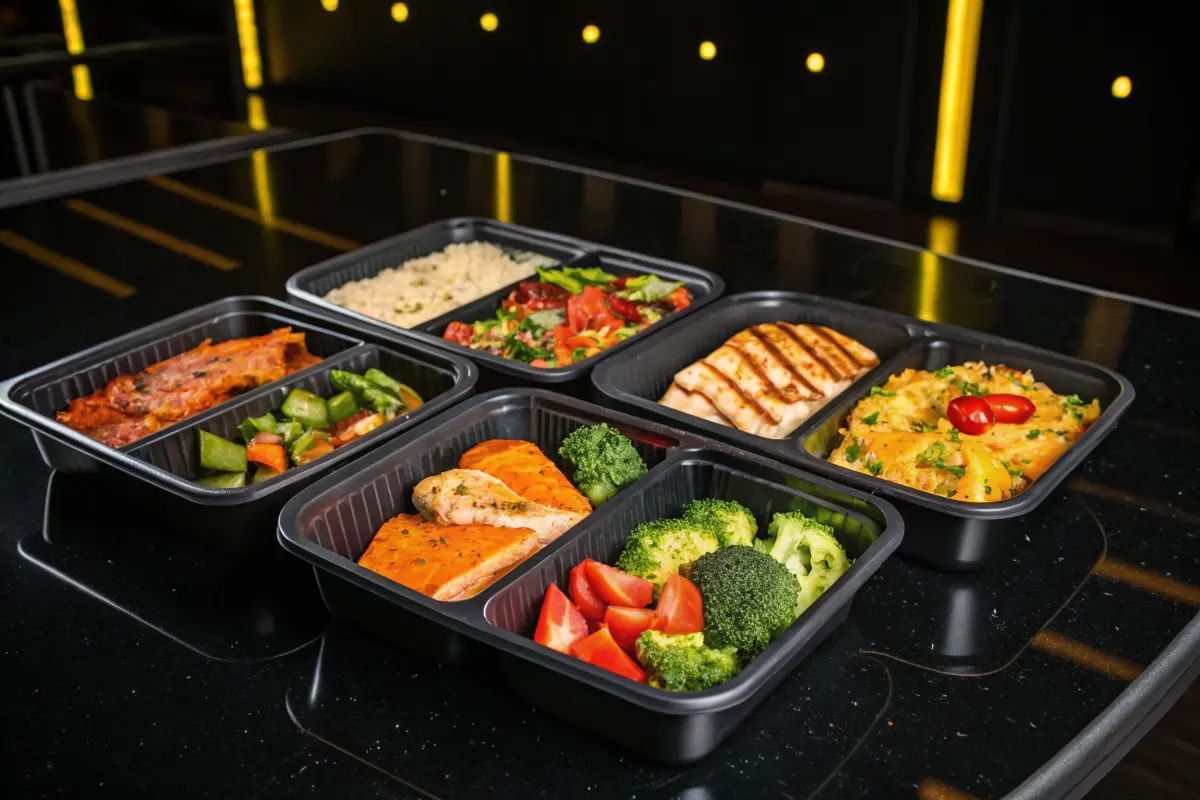 Four black plastic meal prep containers filled with various healthy foods are arranged on a dark table.