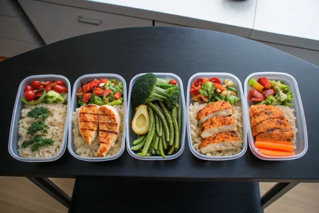 Five meal prep containers are filled with cooked fish, rice, and vegetables.