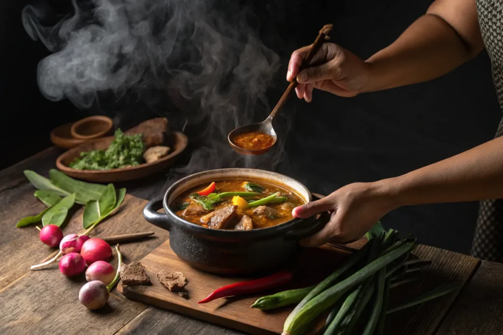 A person serves a steaming pot of stew filled with vegetables and meat.